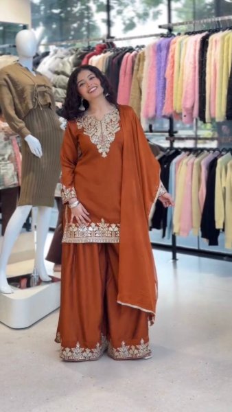 Supreme Rust Orange Sharara Suit with Sequence Embroidery Work Ready To Wear Collection