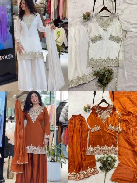 Supreme Rust Orange Sharara Suit with Sequence Embroidery Work Ready To Wear Collection