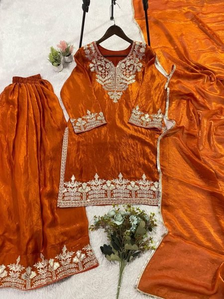 Supreme Rust Orange Sharara Suit with Sequence Embroidery Work Ready To Wear Collection