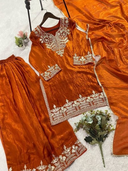 Supreme Rust Orange Sharara Suit with Sequence Embroidery Work Ready To Wear Collection