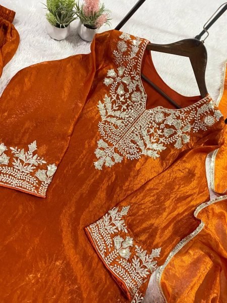 Supreme Rust Orange Sharara Suit with Sequence Embroidery Work Ready To Wear Collection