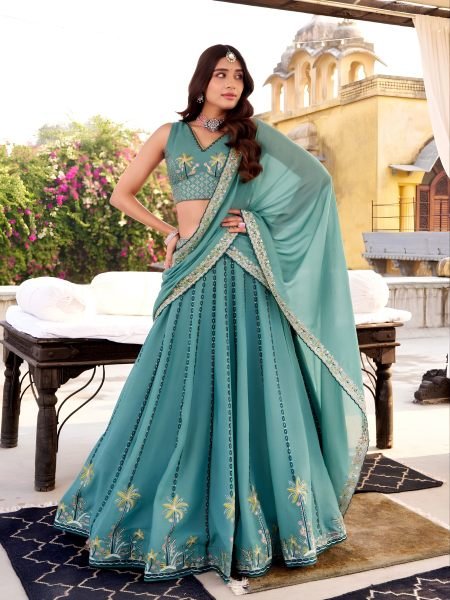 Supreme Sky Blue 3 Meter Flare Designer Wedding Lehenga with Embroidered Blouse 