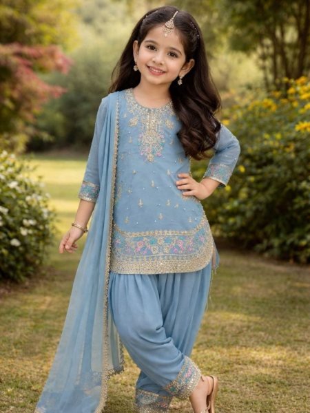 Supreme Sky Blue Kids Patiyala Suit with Heavy Lace Dupatta for Festive Collection Kurtis