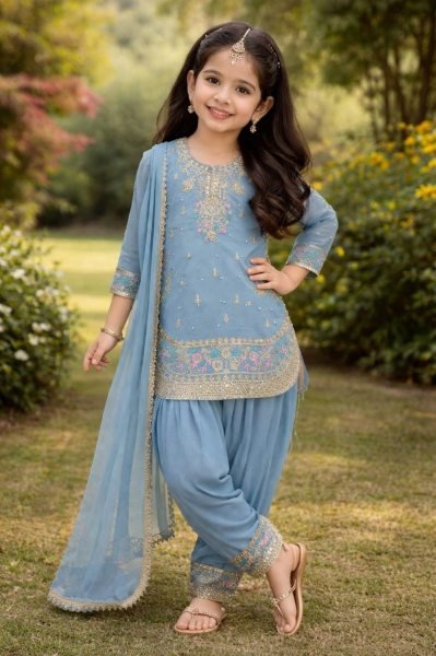 Supreme Sky Blue Kids Patiyala Suit with Heavy Lace Dupatta for Festive Collection Girls Wear