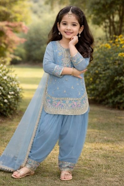Supreme Sky Blue Kids Patiyala Suit with Heavy Lace Dupatta for Festive Collection Girls Wear