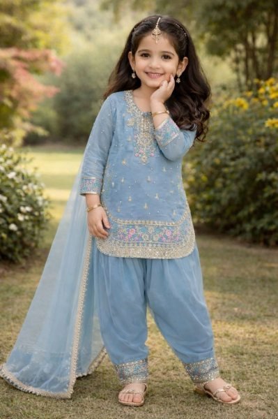 Supreme Sky Blue Kids Patiyala Suit with Heavy Lace Dupatta for Festive Collection Girls Wear