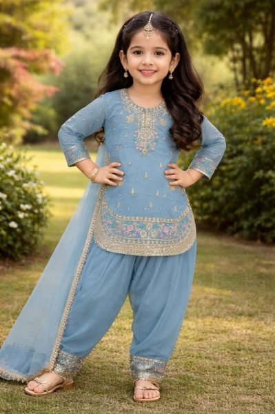 Supreme Sky Blue Kids Patiyala Suit with Heavy Lace Dupatta for Festive Collection Girls Wear
