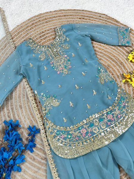 Supreme Sky Blue Kids Patiyala Suit with Heavy Lace Dupatta for Festive Collection Girls Wear