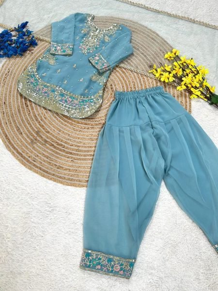 Supreme Sky Blue Kids Patiyala Suit with Heavy Lace Dupatta for Festive Collection Girls Wear