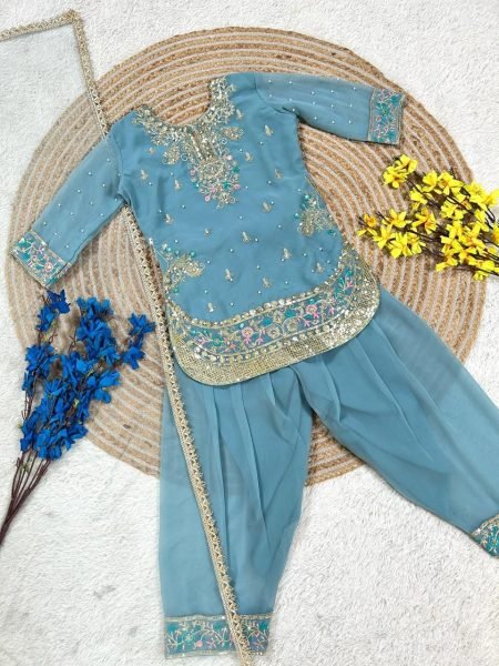 Supreme Sky Blue Kids Patiyala Suit with Heavy Lace Dupatta for Festive Collection Girls Wear