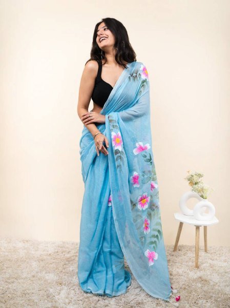 Supreme Sky Blue Linen Cotton Digital Printed Saree for Women at Wholesale Rate Cotton Sarees Wholesale