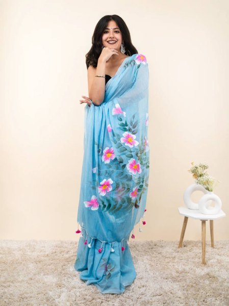 Supreme Sky Blue Linen Cotton Digital Printed Saree for Women at Wholesale Rate Cotton Sarees Wholesale
