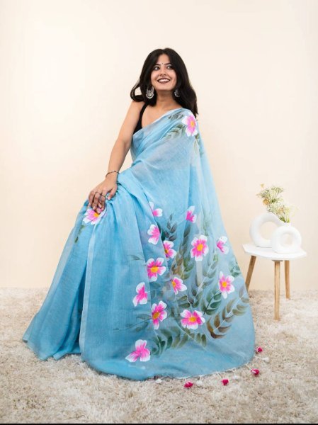 Supreme Sky Blue Linen Cotton Digital Printed Saree for Women at Wholesale Rate Cotton Sarees Wholesale