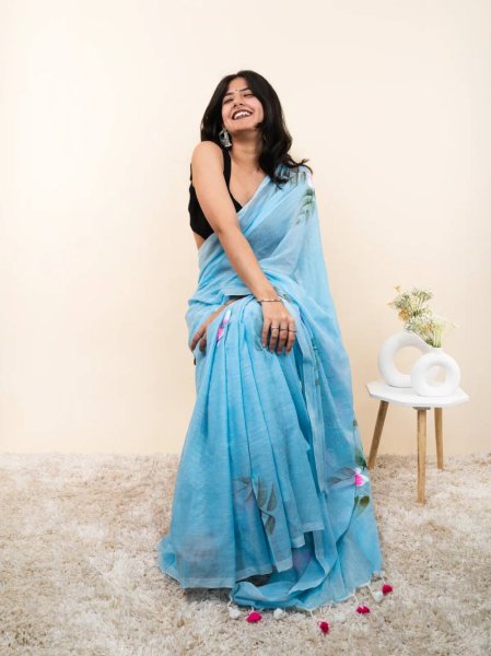 Supreme Sky Blue Linen Cotton Digital Printed Saree for Women at Wholesale Rate Cotton Sarees Wholesale