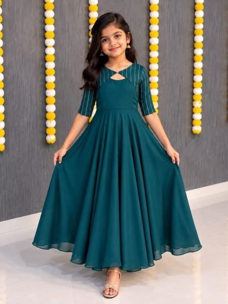 Supreme Teal Green Girls Party Wear Vichithra Silk Gown Coat Set for Factory Price Kurtis