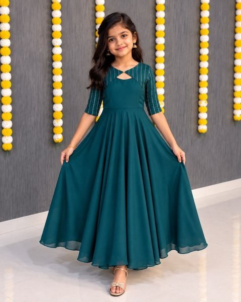 Supreme Teal Green Girls Party Wear Vichithra Silk Gown Coat Set for Factory Price Girls Wear