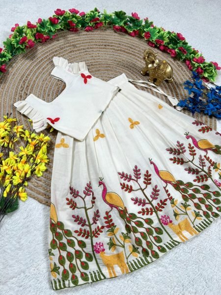 Supreme White Girls Party Wear Cotton Lehenga Set with Embroidery Work Girls Wear
