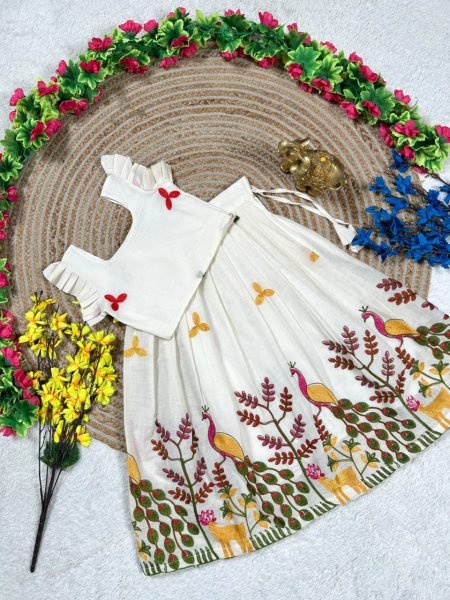 Supreme White Girls Party Wear Cotton Lehenga Set with Embroidery Work Girls Wear