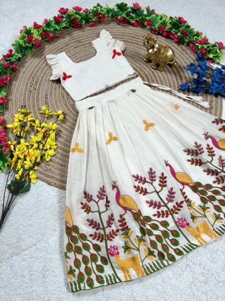 Supreme White Girls Party Wear Cotton Lehenga Set with Embroidery Work Girls Wear