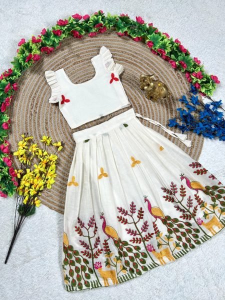 Supreme White Girls Party Wear Cotton Lehenga Set with Embroidery Work Girls Wear