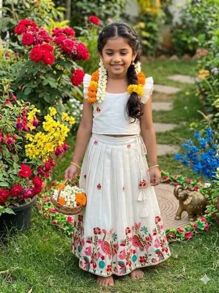 Supreme White Girls Party Wear Cotton Lehenga Set with Embroidery Work Girls Wear