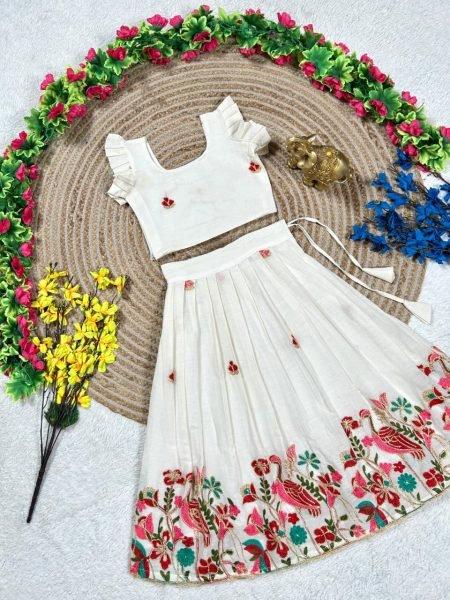 Supreme White Girls Party Wear Cotton Lehenga Set with Embroidery Work Girls Wear