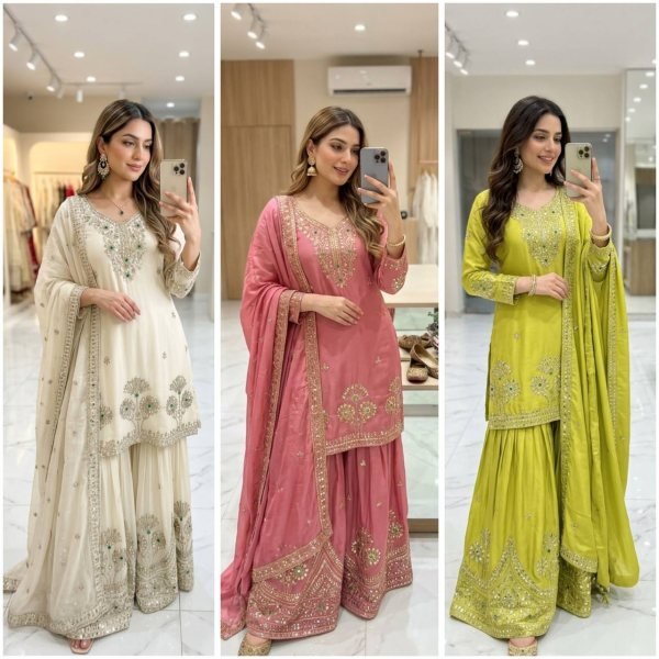 Supreme White Party Wear A Line Cut Satin Silk Sharara Suit for Women at Wholesale Rate Ready To Wear Collection