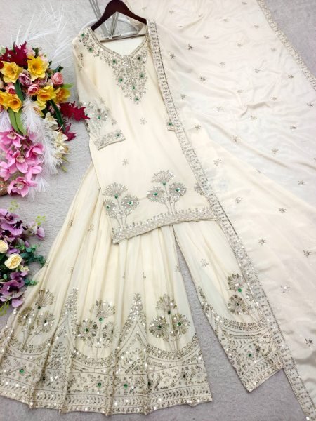 Supreme White Party Wear A Line Cut Satin Silk Sharara Suit for Women at Wholesale Rate Ready To Wear Collection