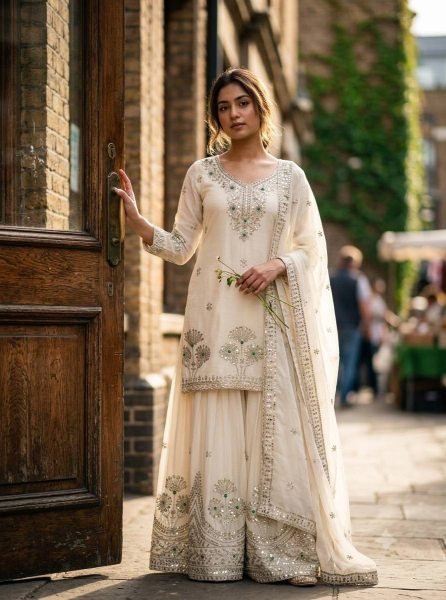 Supreme White Party Wear A Line Cut Satin Silk Sharara Suit for Women at Wholesale Rate Ready To Wear Collection