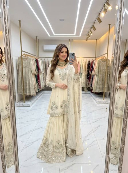 Supreme White Party Wear A Line Cut Satin Silk Sharara Suit for Women at Wholesale Rate Ready To Wear Collection