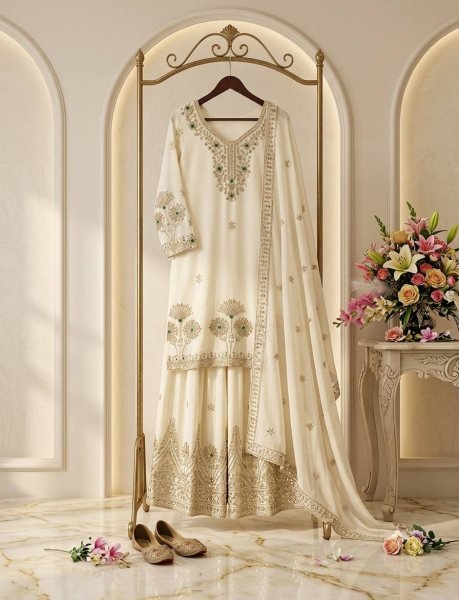 Supreme White Party Wear A Line Cut Satin Silk Sharara Suit for Women at Wholesale Rate Ready To Wear Collection