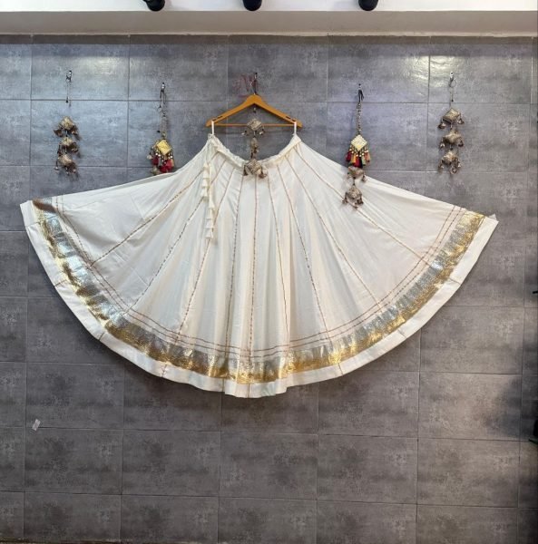 Supreme White Rayon Cotton Maxi Skirt with Heavy Lampi Border and Crepe Lining Navratri Lehnega Choli
