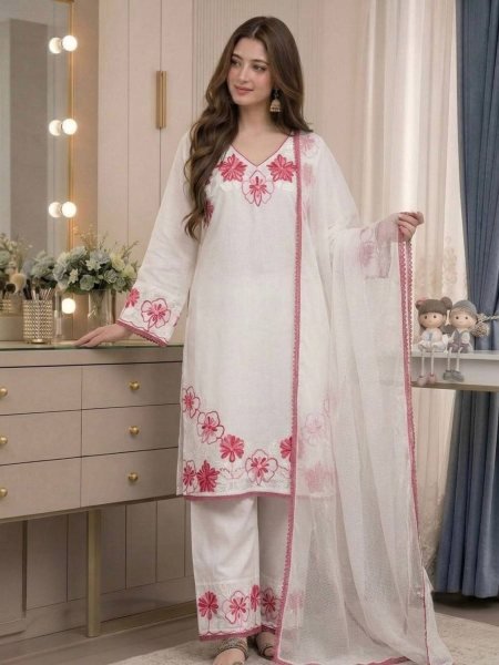 Supreme White Satin Rayon Kurti Set with Embroidered Farshi Palazzo and Kota Dupatta Kurtis