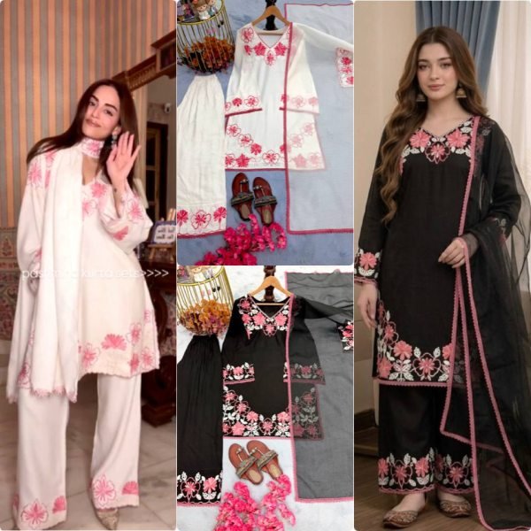 Supreme White Satin Rayon Kurti Set with Embroidered Farshi Palazzo and Kota Dupatta Ready To Wear Collection