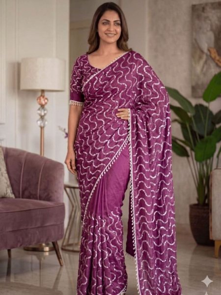 Supreme Wine Bollywood Style Satin Saree with Heavy Work for Special Occasions Sarees 