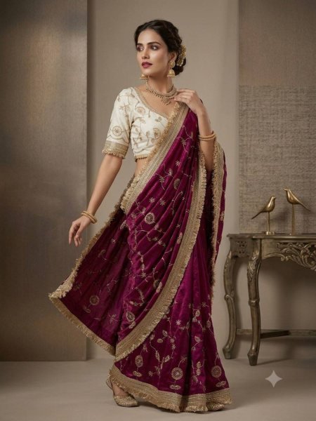 Supreme Wine Pure Fandy Satin Saree with C Pallu Embroidery and Lace Border Blouse Sarees 