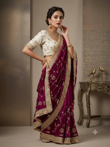 Supreme Wine Pure Fandy Satin Saree with C Pallu Embroidery and Lace Border Blouse Embroidery Sarees Wholesale