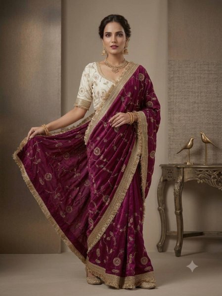 Supreme Wine Pure Fandy Satin Saree with C Pallu Embroidery and Lace Border Blouse Embroidery Sarees Wholesale