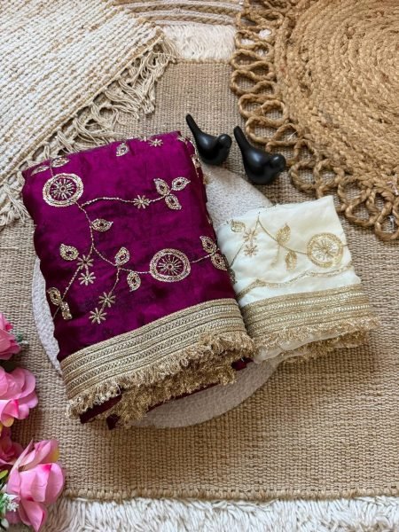 Supreme Wine Pure Fandy Satin Saree with C Pallu Embroidery and Lace Border Blouse Embroidery Sarees Wholesale