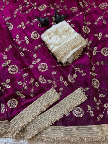 Supreme Wine Pure Fandy Satin Saree with C Pallu Embroidery and Lace Border Blouse Embroidery Sarees Wholesale