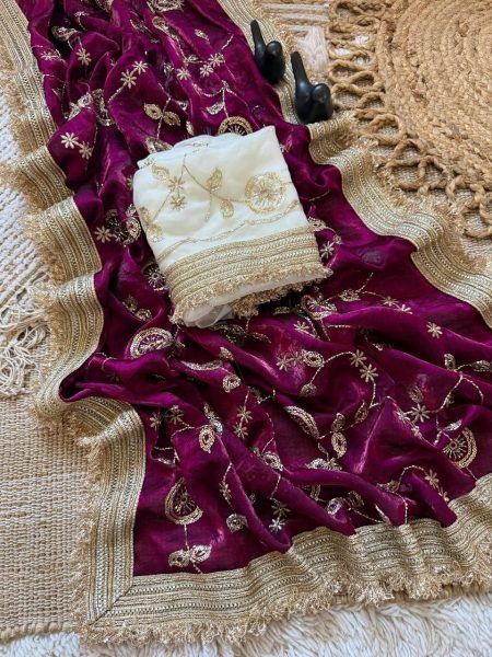 Supreme Wine Pure Fandy Satin Saree with C Pallu Embroidery and Lace Border Blouse Embroidery Sarees Wholesale