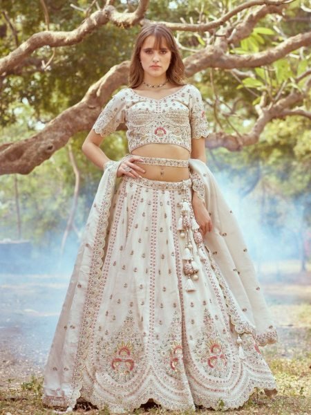Surat Premium Bridal Tissue Lehenga Heavy Cream Set with Zari, Stone & Beads Work Latest Exporter Design at Wholesale Price  Lehenga