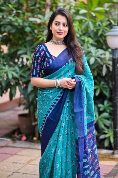 Surats Lowest Price Printed Saree Pure Linen Cotton in Beige with Digital Design & Pallu Tassels Womens Ethnic Wear Printed Cotton Sarees Wholesale