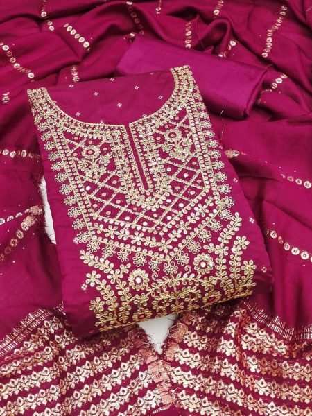 Surats Top Designer Dress Material Exporters Bliss Flair Heavy Embroidered Chanderi Silk Suit for Women Color Set Matching Dress Material Wholesale