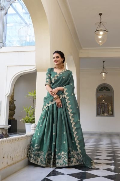 Surprising Teal Green Thread Embroidery Festival Wear Lehenga Choli Designer Lehenga Choli