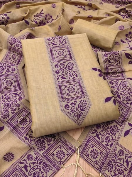Sustainable Beige Muga Cotton Jamdani Salwar Suit with Pichwai Weaving Design Cotton Dress Material