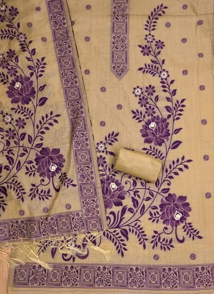 Sustainable Beige Muga Cotton Jamdani Salwar Suit with Pichwai Weaving Design Cotton Dress Material