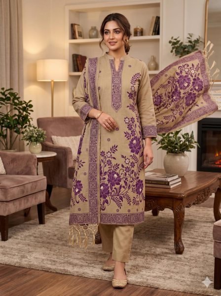 Sustainable Beige Muga Cotton Jamdani Salwar Suit with Pichwai Weaving Design Cotton Dress Material