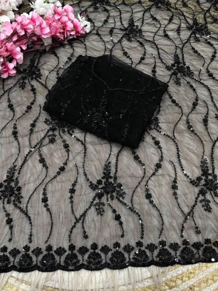 Sustainable Black Butterfly Net Saree with Heavy Sequence Embroidery For Wedding Net Sarees Wholesale