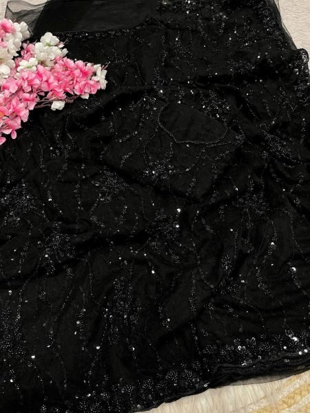 Sustainable Black Butterfly Net Saree with Heavy Sequence Embroidery For Wedding Bollywood Fancy Sarees Wholesale